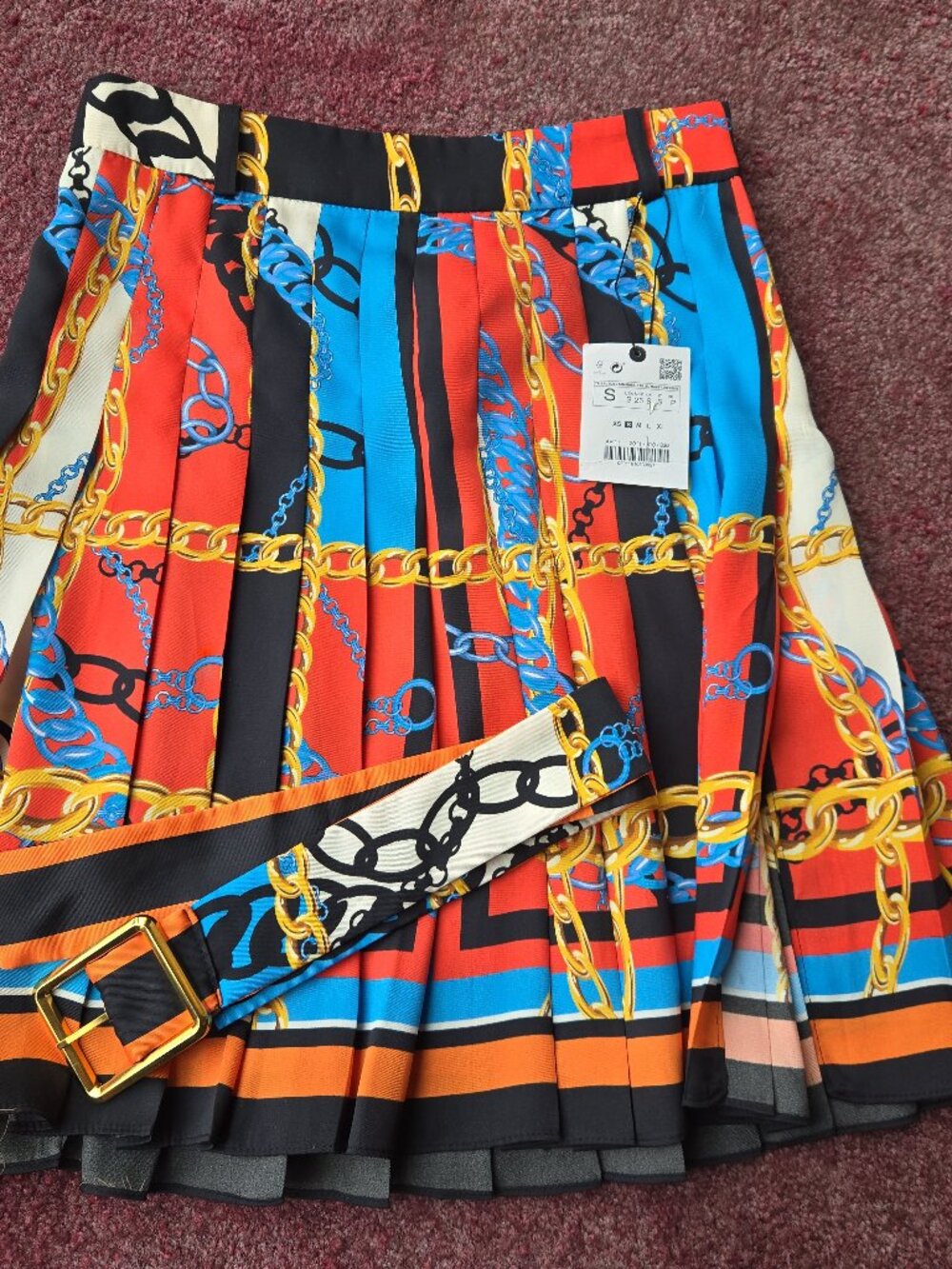 ZARA CHAIN PRINT PLEATED SKIRT with BELT S NWT